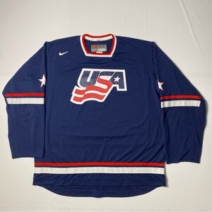 Nike Mens 2XL USA Olympics Long Sleeve Hockey Jersey Navy Blue VTG Pullover